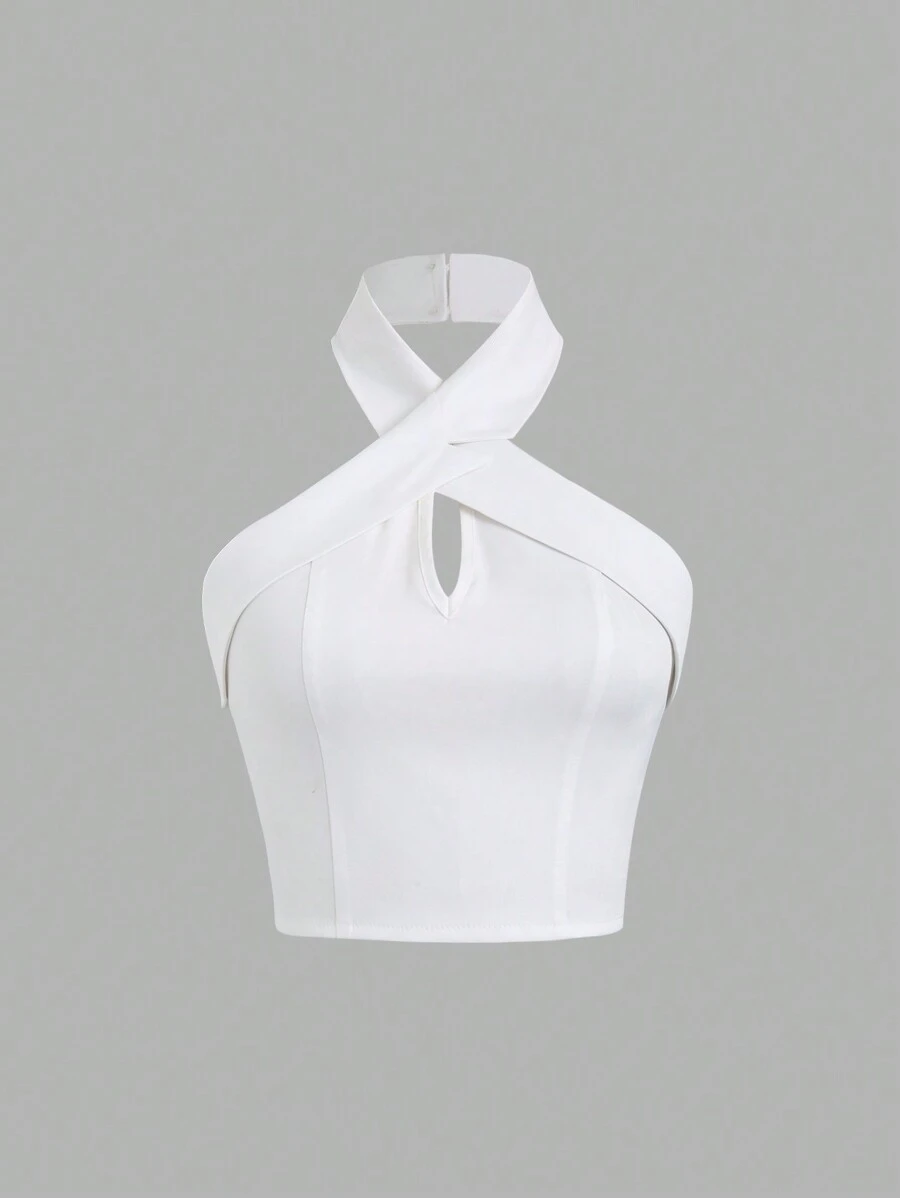 Sweetra Camiseta sin mangas minimalista de color liso con cruce de tirantes para mujer - Blanco - Ver 1