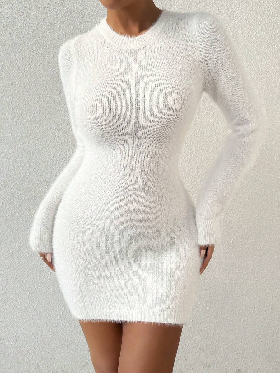 Chiquease Women Solid Color Crew Neck Long Sleeve Backless Hollow Out Sweater Dress Fall Cloth For Women - White - View 1