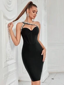 ADYCE 1pc Women's Rhinestone Embellished One-Shoulder Backless Bodycon Party Bandage Dress - Black - View 3