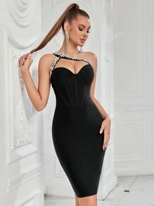 ADYCE 1pc Women's Rhinestone Embellished One-Shoulder Backless Bodycon Party Bandage Dress