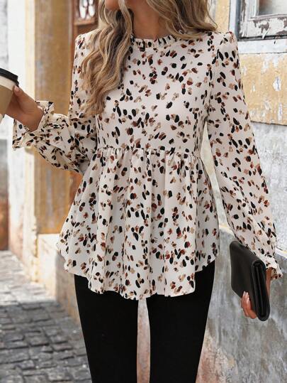 SHEIN LUNE Casual Ruffle Trim Round Neck Long Sleeve Printed Blouse T-Shirt For Holiday
