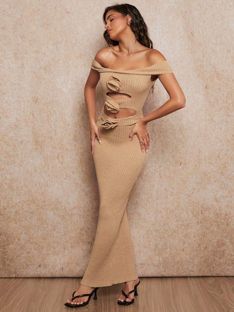 Forever 21 1 peça Vestido de Suéter Midi com Decote Ombro a Ombro Vazado e Bordado Floral 3D na Cor Damasco - Damasco - Visão 1