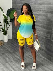 Slaydiva 2 件套休闲镂空修身 T 恤和渐变色紧身裤套装 - 彩色 - 查看 5