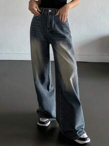 DAZY Quần Jeans Denim Thường Ngày Nhiều Túi Cài Nút Phía Trước Đơn Giản Cho Nữ, Quần Jeans Rộng - Rửa tối - Xem 7