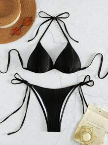 Swim Basics 具有側綁帶和高腰比基尼底部的無鋼圈加厚胸墊抬高式露肩上衣和底褲套裝 - 黑色 - 查看 6