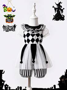 2 pièces Tenues d'Halloween pour nouveau-né fille, ensemble barboteuse à contraste de dentelle et maille et serre-tête, cool et élégant, pour la fête d'Halloween - Noir et Blanc - Voir 1