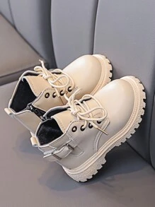 1 双时尚儿童靴，适合幼儿女孩/男孩，休闲系带圆头平底踝靴，适合秋冬季 - 米色 - 查看 4