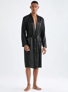 Men's Casual Belted Loungewear Robe - Black - View 7
