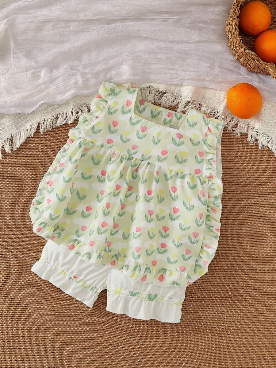 Baby Girl's Floral Print Loose Cropped Top And Shorts 2pcs/Set, Summer - Green - View 1