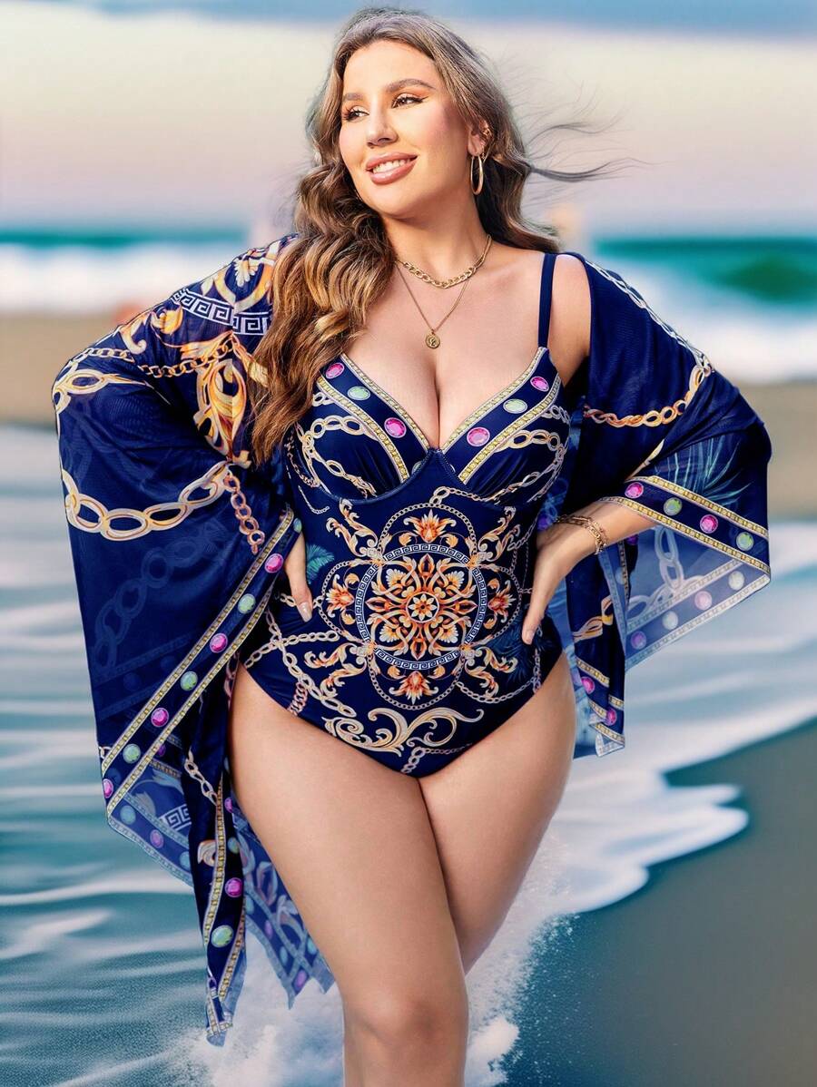 SHEIN Swim Curve Summer Beach Plus Chain Print Push Up One Piece Swimsuit With Cover Up - Navy Blue - View 1