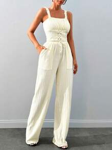Textured Fabric Cami Top & High Waist Wide Leg Side Pocket Pant Summer Two Piece Outfit