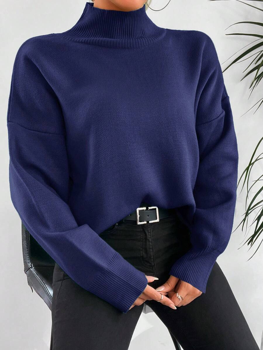 EURMUSE Mock Neck Drop Shoulder Sweater - Navy Blue - View 1