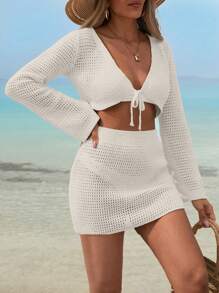 SHEIN 娇小码女士纯色细节罩衫套装，适合夏季海滩度假 - 米色 - 查看 4