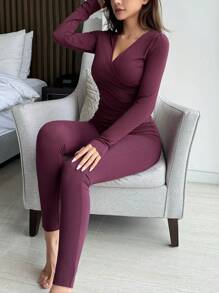 DAZY Charming Solid Color V-Neck Fitted Loungewear Set, Fall Winter Clothes , Cozy Outfit