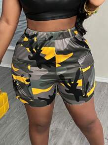 Slaydiva Nuevos shorts informales sueltos de trabajo con bolsillos de carga de camuflaje, estilo de moda callejera - Amarillo - Ver 1