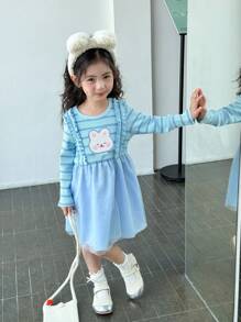 SHEIN Long Sleeve Striped Patchwork Cartoon Rabbit Ruffle Mesh Splicing Girl Dress - Multicolor - View 7