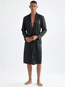 Men's Casual Belted Loungewear Robe - Black - View 4