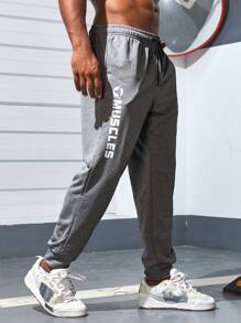 Manfinity Fitness Quần thể thao có dây rút in chữ cỡ lớn dành cho nam - Xám - Xem 9