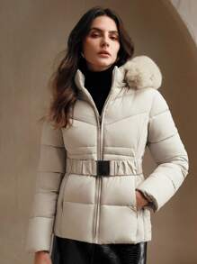 Anewsta 女士时尚拉链短款连帽加厚外套，冬季服装 - 卡其色 - 查看 7