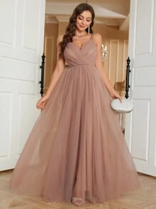 SHEIN Belle Elegante y Romántico Vestido De Dama De Honor Con Malla En V-Cuello, Vestido De Gala Formal Para Mujeres - Champán - Ver 6