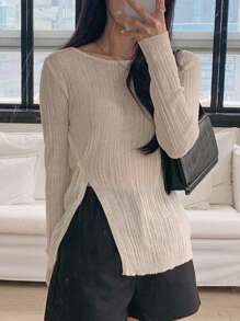 DAZY Women Crew Neck Side Slit Fitted Elegant Sweater,Fall Clothes - Apricot - View 8