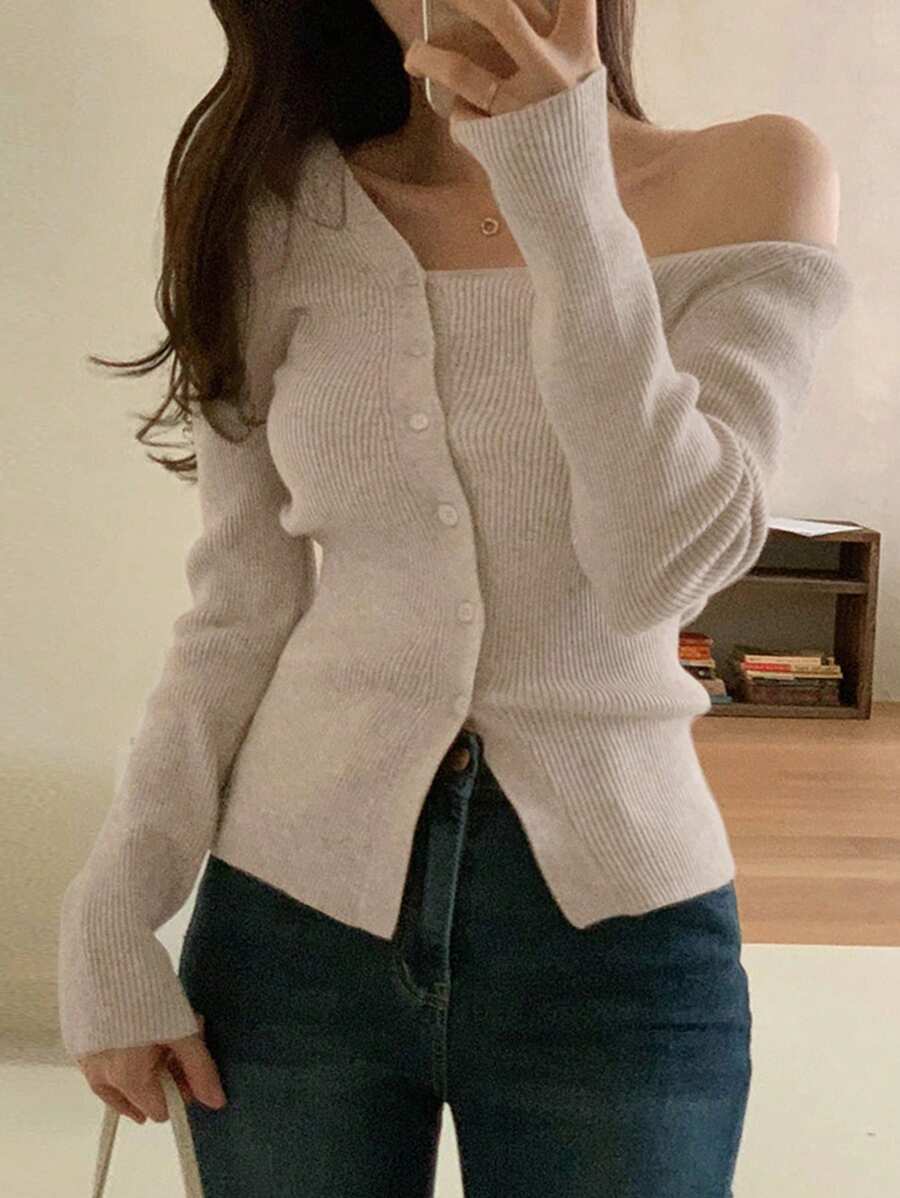 DAZY Áo len cardigan dệt kim hở vai màu trơn có vạch chéo cho nữ, áo dài tay, quần áo mùa thu cho nữ - Màu be - Xem 1
