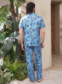 Manfinity Underwear&Sleepwear Basics Conjunto de casa con camisa de manga corta de solapa y pantalones con estampado de paisley para hombre - Azul - Ver 3
