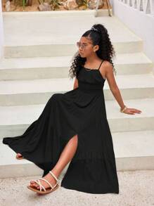 SHEIN Tween Girls' Solid Color Black Split Hem Sleeveless Maxi Casual Dress, Spring Summer - Black - View 4