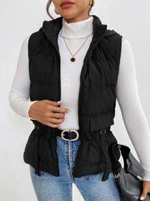 SHEIN Frenchy Veste matelassée à capuche sans manches avec fermeture éclair pour femmes, vêtements d'automne pour femmes, gilet noir - Noir - Voir 1