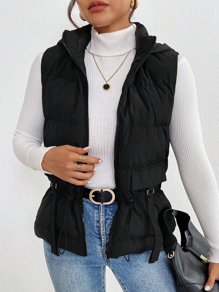 SHEIN Frenchy Veste matelassée à capuche sans manches avec fermeture éclair pour femmes, vêtements d'automne pour femmes, gilet noir - Noir - Voir 1