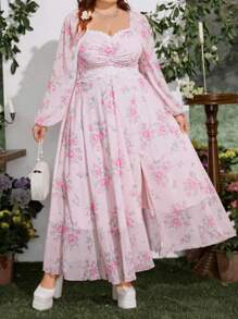 SHEIN MOD Vestido de manga larga con estampado floral, escote en V, busto fruncido y abertura, talla grande - Multicolor - Ver 5