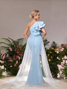 Maternity Elegance One-Shoulder Ruffle Sleeve Gown&Babyshower Dresses With Cascading Side Slit Organza Train & Sculpted Fish-Tail Hem – Sophisticated Baby Shower Dress For Formal Dinners, Bridal Luncheons, Celebratory Receptions, Maternity Galas, And Elegant Ceremonies