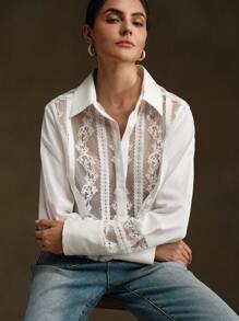 Anewsta 2024 Spring-Summer New Lace Patchwork White Cropped Women Shirt - White - View 3