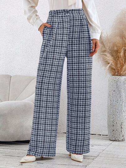 SHEIN Clasi Pantalones de traje con pierna plisada e inserto de tartán azul para mujer