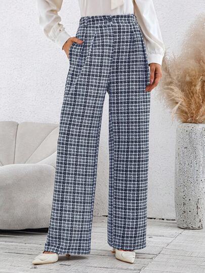 SHEIN Clasi Pantalones de traje con pierna plisada e inserto de tartán azul para mujer