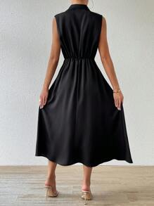 Chiquease 女士純色翻領無袖連身裙 - 黑色 - 查看 2