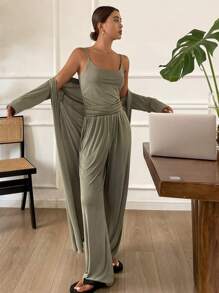 DAZY 3pcs Minimalist Camisole Top & Robe & Pants Home Lounge Wear Set, Cozy Outfits, Fall Winter Clothes Pajama