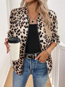 SHEIN LUNE Leopard Print Zip-Up Casual Women's Long Sleeve Jacket