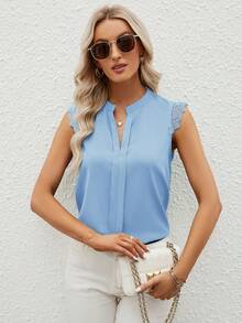 SHEIN Clasi Blusa sin mangas de unicolor con cuello en V y parche de encaje para mujeres - Celeste - Ver 5