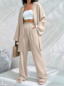 EURMUSE Cotton Drop Shoulder Kimono & Pants For Summer Vacation - Beige - View 1