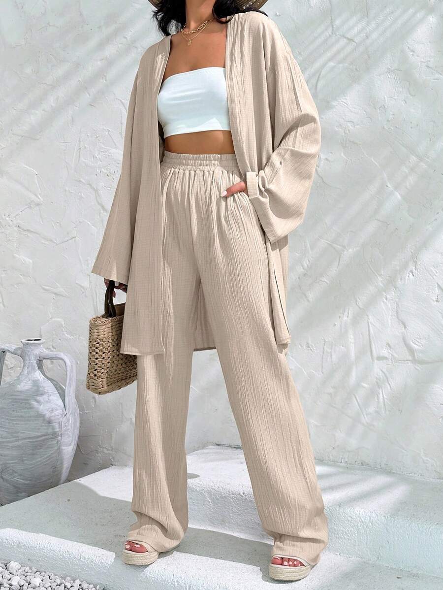 EURMUSE Cotton Drop Shoulder Kimono & Pants For Summer Vacation - Beige - View 1