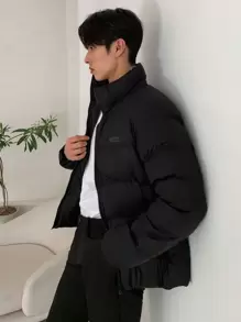 DAZY 男士拉链字母印花棉服外套，冬季夹克 - 黑色 - 查看 4
