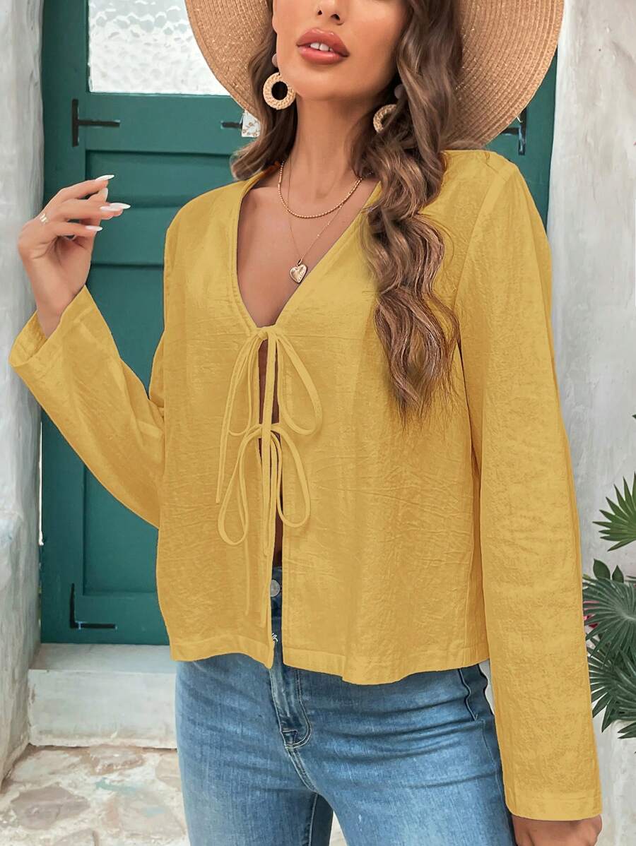 SHEIN VCAY 女士休闲纯色系腰衬衫 - 黃色 - 查看 1