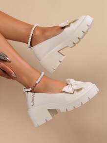 1 par de sapatos Mary Jane de sola grossa campus feminino com laço e decoração de pérolas artificiais, estilo escolar doce, primavera