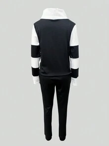 秋冬新款欧美时尚女装条纹拼接连帽宽松口袋卫衣裤套装