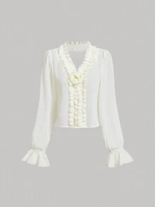 SHEIN MOD Camisa apricot con volantes y flores tridimensionales, camisa para salir, de vuelta al colegio, ropa de mujer para otoño, para usar por dentro y por fuera, atuendo de despedida de soltera, carnaval, ropa de otoño, camisa formal