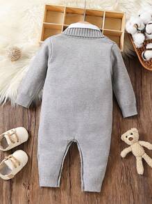 男婴厚针织提花翻领半拉链连体衣，秋冬季保暖连体裤，优雅复古纯色休闲绅士风格，适合日常穿着、外出、旅行、度假、居家、日托、学校