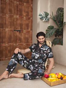 Manfinity ChillVibe 2 Stücke Herren Bedruckter Einreihiger Kurzarm Pyjama Set