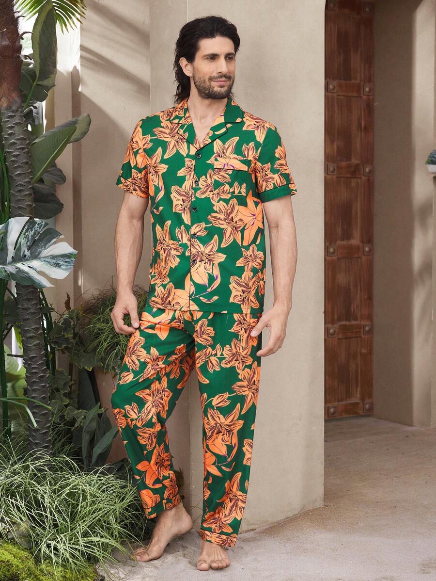 Manfinity ChillVibe Men's Floral Print Button-Down Short Sleeve Pajama Set, Summer - Green - View 1