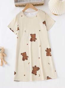 Conjunto de pijama con camisón de manga corta y cuello redondo con estampado de oso para niña preadolescente